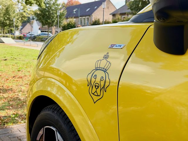 Het gouden logo van De Rijkoning, een hond met een kroon, op het portier van de gele Puma